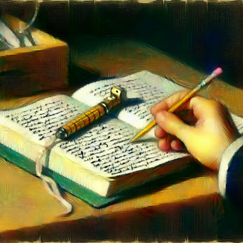 Een gezellige tafelsetting met een groot notitieboek en een schattig pennetje, omringd door notities.