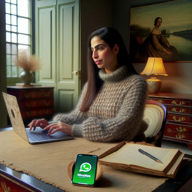 Jonge vrouw in een gezellige thuiskantoor, vrolijk kijkend naar haar laptop terwijl een WhatsApp-bericht op haar kleurrijke telefoon verschijnt.