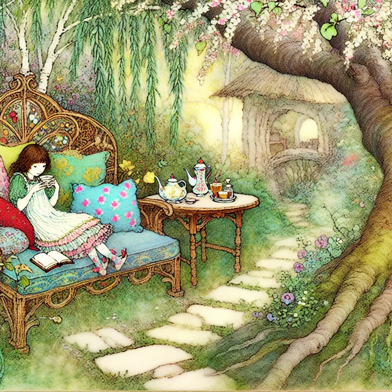 Illusie van een gezellige tuin met een houten bank, kleurrijke kussens en een meisje met een boek.