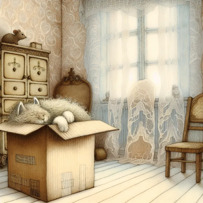 Een gezellige vintage kamer met een slapende kat in een grote, sierlijke kartonnen doos, omringd door oud-jaars meubilair.