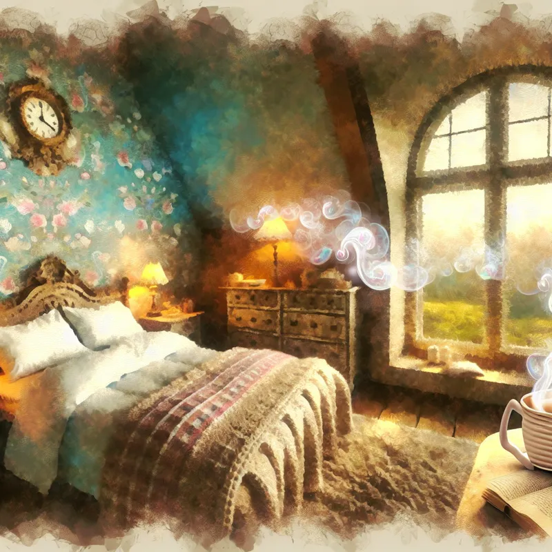 Een gezellige vintage slaapkamer met een fluffy bed, open boek en een dampende kop thee, in zachte ochtendlicht.