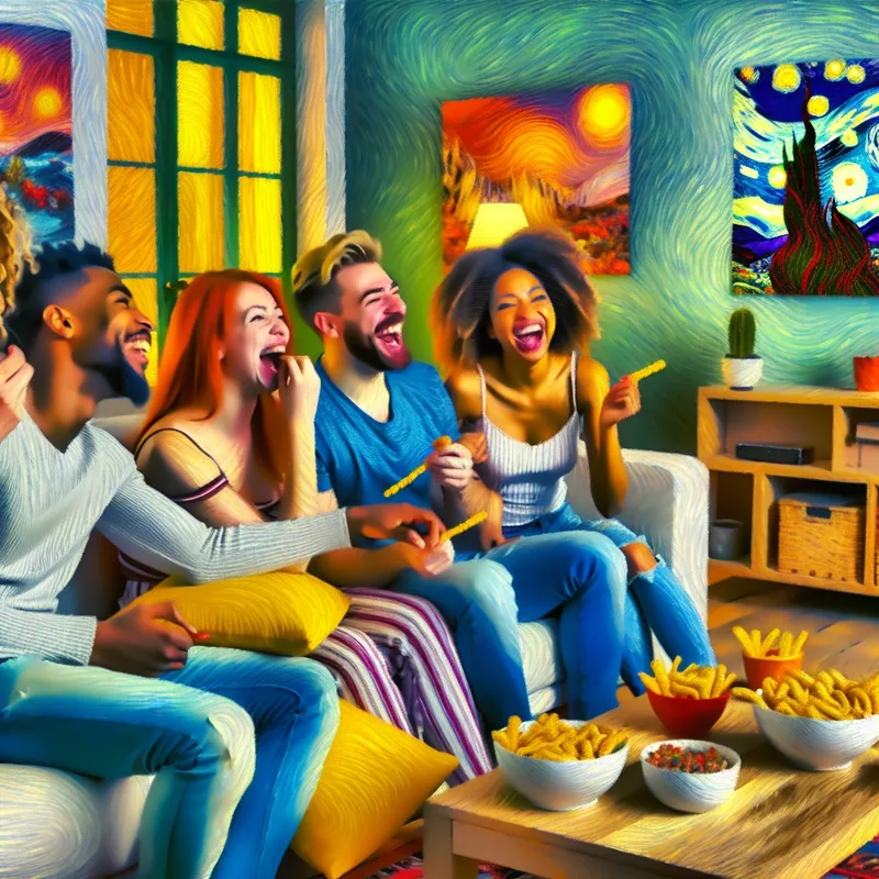 Een gezellige woonkamer met vrienden die samen op de bank zitten, lachend en snacks delen terwijl ze naar een film kijken.