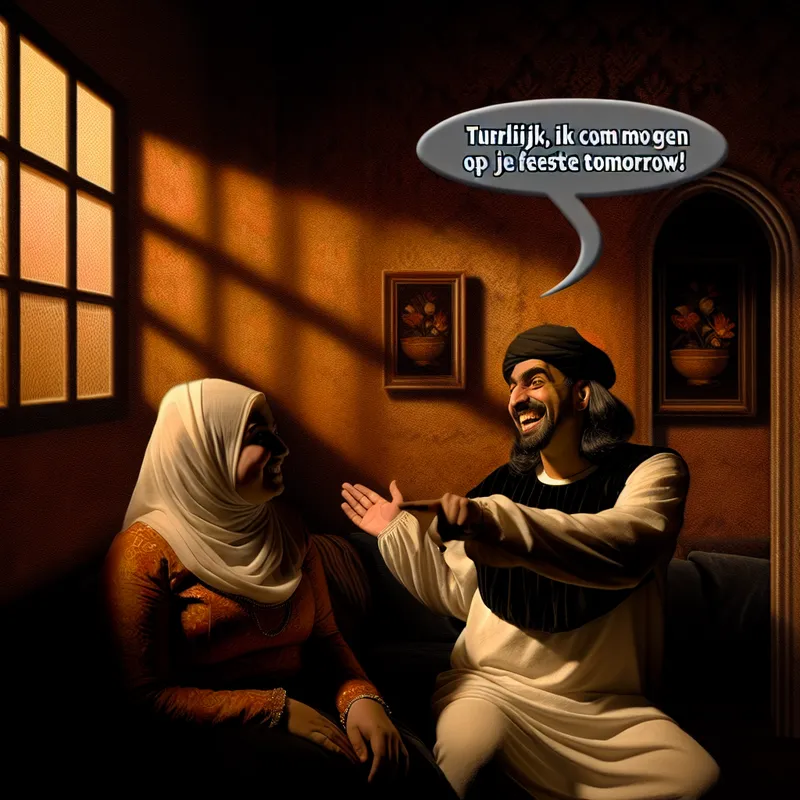 Twee vrienden genieten van een gezellig gesprek in een warm verlichte kamer, waarbij ze plannen maken voor de volgende dag.