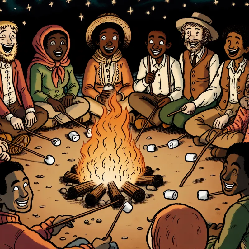 Groep diverse vrienden en familie rond een gezellige kampvuur, lachend en genietend van elkaars gezelschap in een cartooneske stijl.