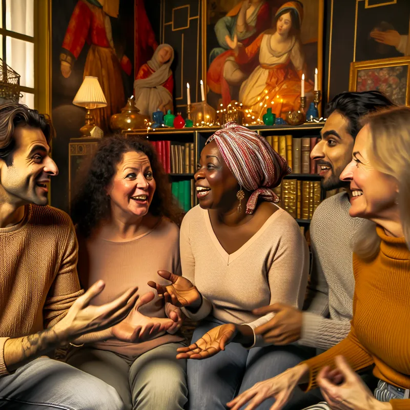 Een diverse groep vrienden in een gezellige kamer, bezig met levendige conversatie en omringd door vrolijke decoraties.