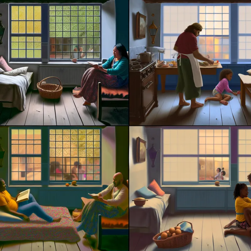 Een gezellige familie samen in een warm verlichte kamer, met iemand die een boek leest en een ander die kookt, terwijl een kind speelt.