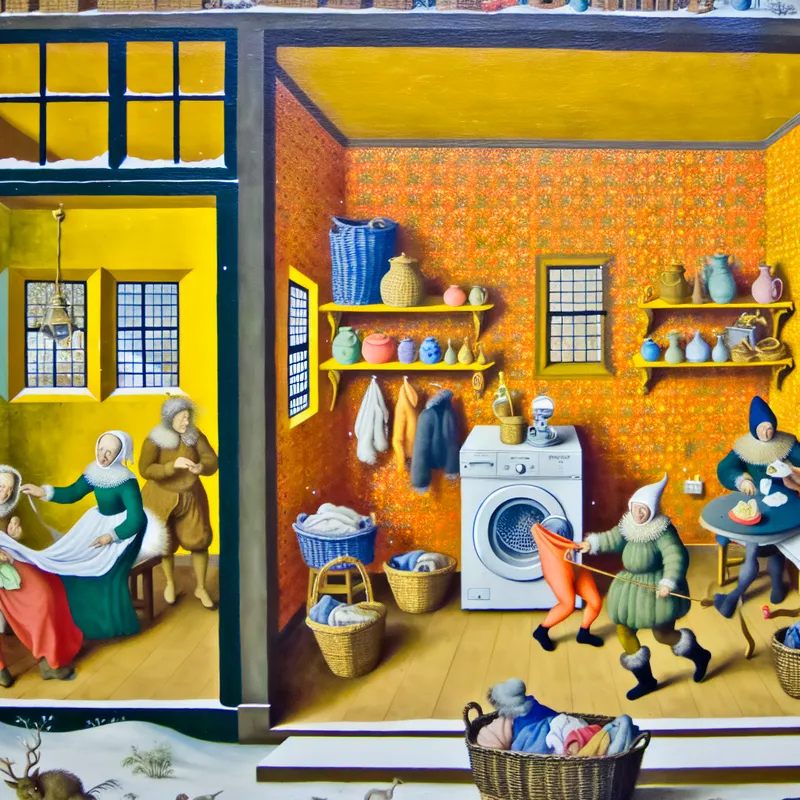 Winterse scène in een gezellige kamer met muren, waar figuren bezig zijn met activiteiten zoals was doen en ordenen.