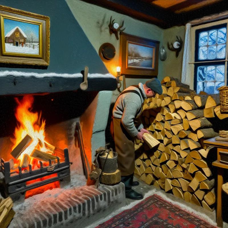 Een rustieke open haard met een knisperend vuur en gestapelde houtblokken, verlicht door de warme gloed van de vlammen.