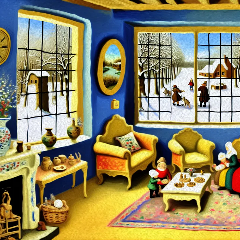 Gezellig woonkamer met elegante meubels en een prachtig geschilderde muur in een winterlandschap.