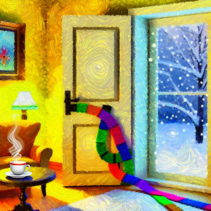 Een gezellige woonkamer in de winter met een kleurrijke tochtband onder een gesloten deur en zicht op sneeuw buiten.