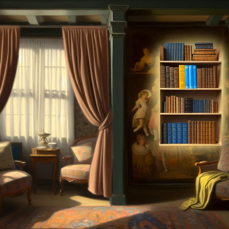 Gezellige woonkamer met twee boekenkasten, het eerste boek in een serie met felgekleurde omslag en het tweede boek met een intrigerende omslag.