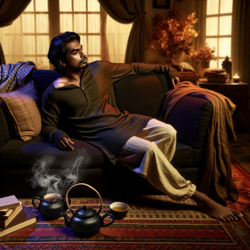 Gezellige woonkamer met een persoon in een casual sweater op een comfortabele bank, omringd door boeken, een kop thee en een warme deken.