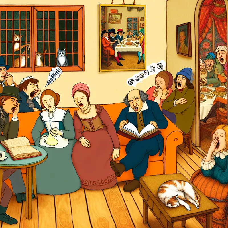 Gezellige woonkamer met een familie die ongeïnteresseerd naar een open boek op de salontafel kijkt, met een kat die in de hoek ligt.