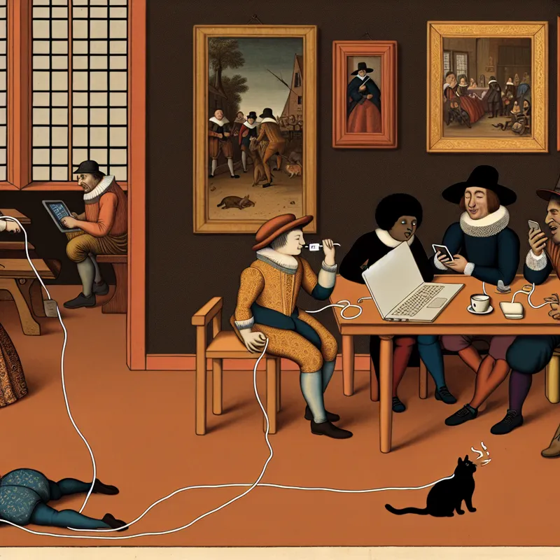 Een gezellige huiskamer met een gezin dat apparaten oplaadt, waaronder een laptop en een smartphone, in een warme en uitnodigende sfeer.