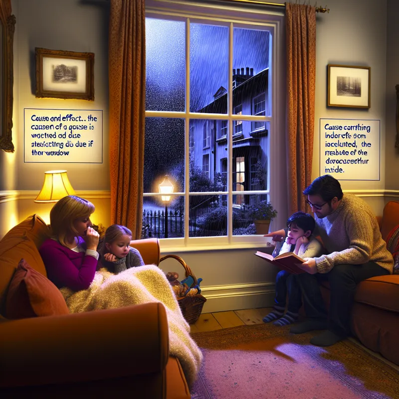 Gezellige woonkamer met een familie die samen is, terwijl het buiten regent. Een ouder leest een boek voor aan kinderen.