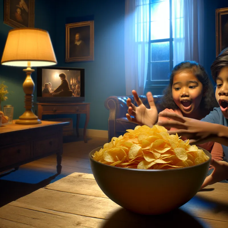 Gezellige woonkamer met een familie die samen naar een film kijkt, terwijl kinderen enthousiast naar een grote kom aardappelchips reiken.