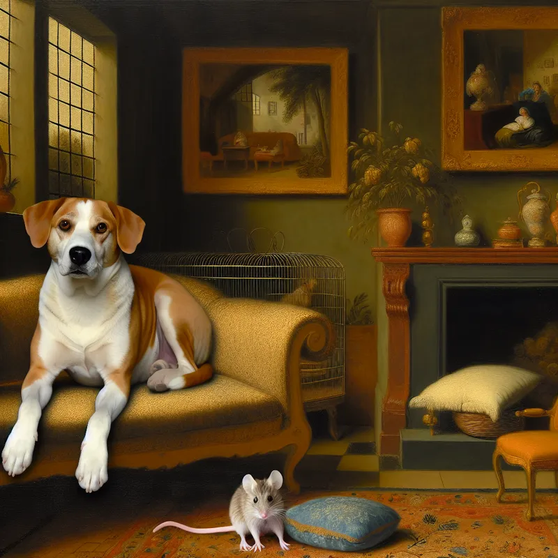 Een rustige hond die ontspannen op een bank ligt in een gezellige woonkamer.