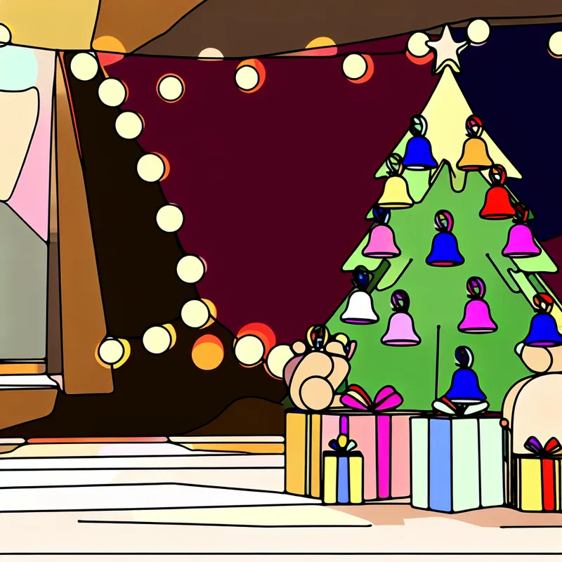 Een gezellige woonkamer met een prachtig versierde kerstboom, versierd met kleurrijke belletjes en kerstcadeaus.