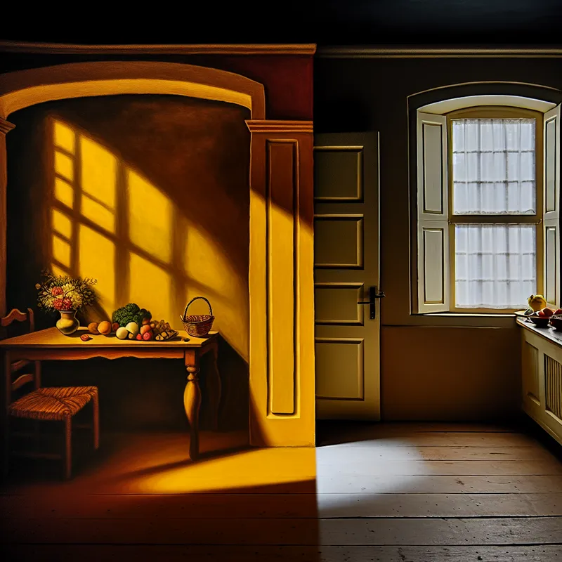 Gezellige woonkamer verlicht door warm licht met een zicht op een levendige keuken aan de linkerkant