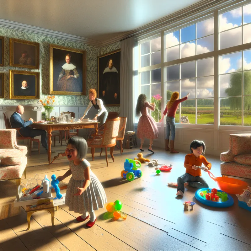 Gezellige woonkamer met kinderen die spelen en ouders die voorbereidingen treffen voor een familie bijeenkomst, met grote ramen die uitzicht bieden op een weelderige tuin.