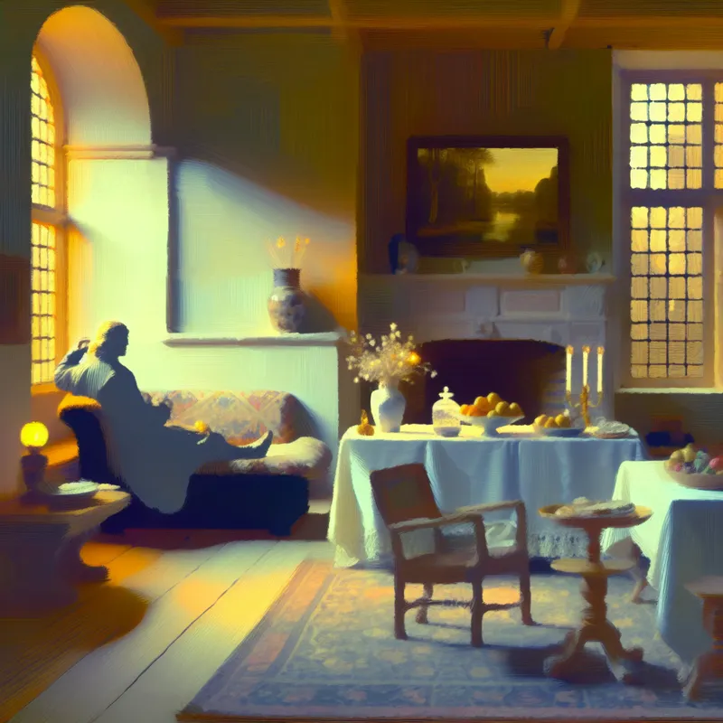 Sereen binnenbeeld van een gezellige ruimte met diffuus licht en een tafel voor een kleine samenkomst.