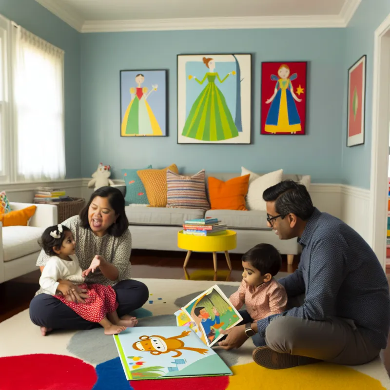Ouders lezen kleurrijke prentenboeken aan hun jonge kinderen in een gezellige woonkamer.