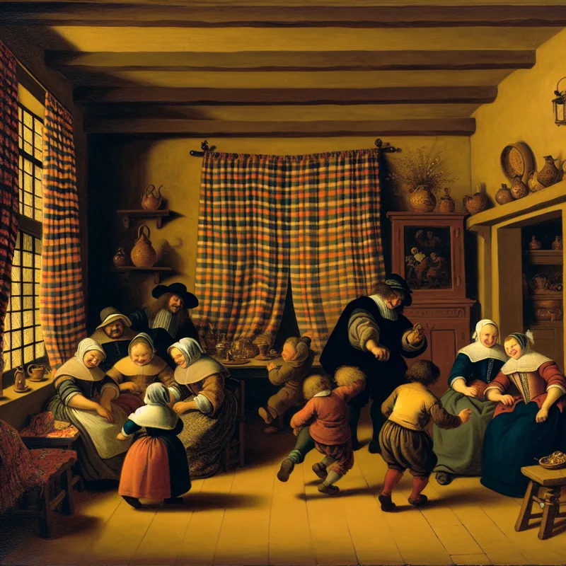 Een levendige woonkamer met een gezin dat gezellig samenkomt, plaid gordijnen en warme, aardse kleuren.