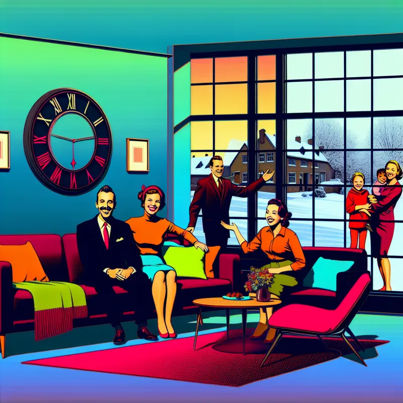 Illustratie van een gezellige woonkamer met grote ramen die de seizoenen toont: winter, lente, zomer en herfst.