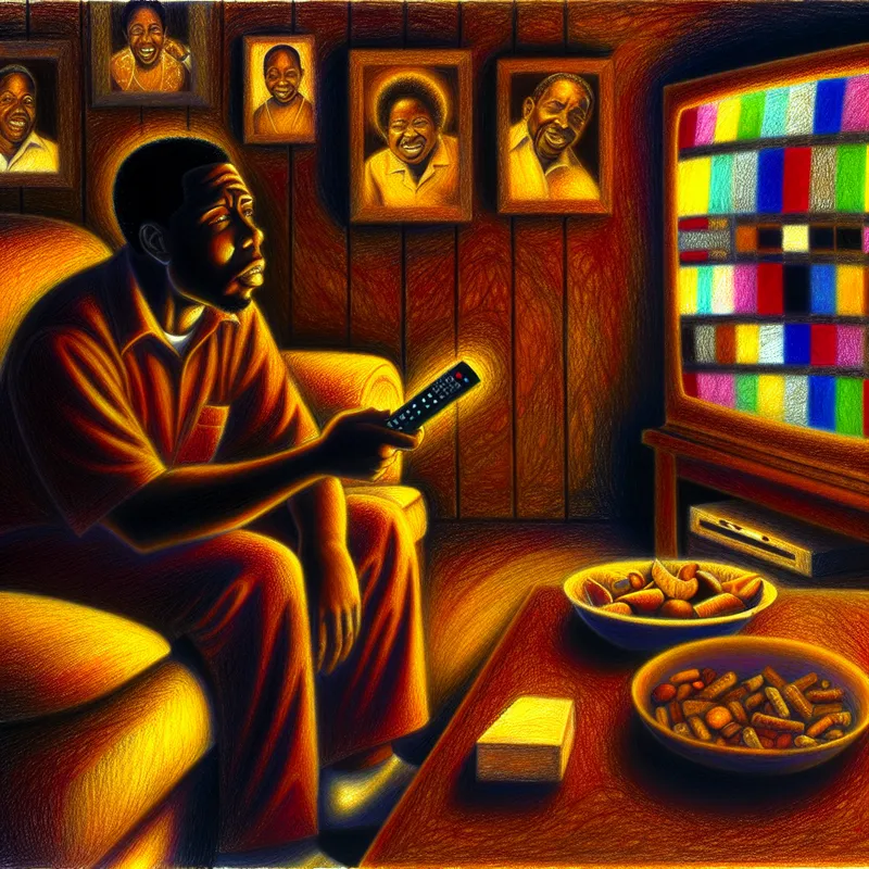 Een persoon zittend op een comfortabele bank, gefocust op een grote televisie met kleurrijke zenders.