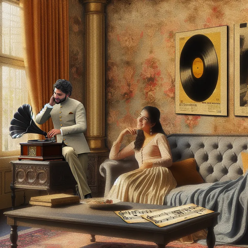Een intieme scène in een stijlvolle woonkamer met een vintage platenspeler, een stel dat geniet van muziek en muzieknoten op de tafel.
