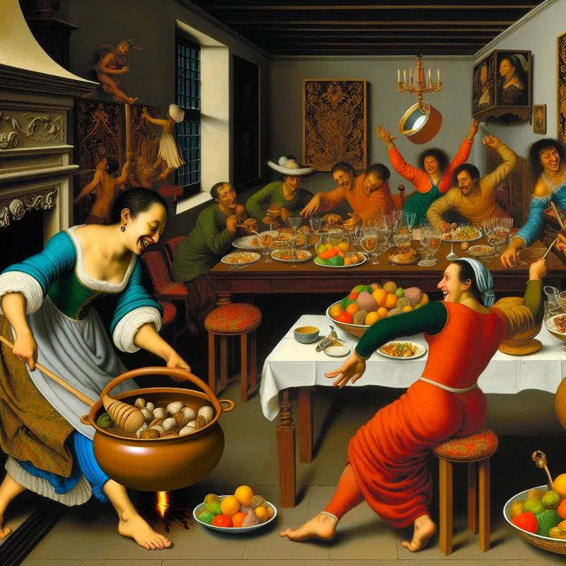 Een gezellige woonkamer met huisgenoten die samen eten bereiden en vrienden die lachen aan tafel.