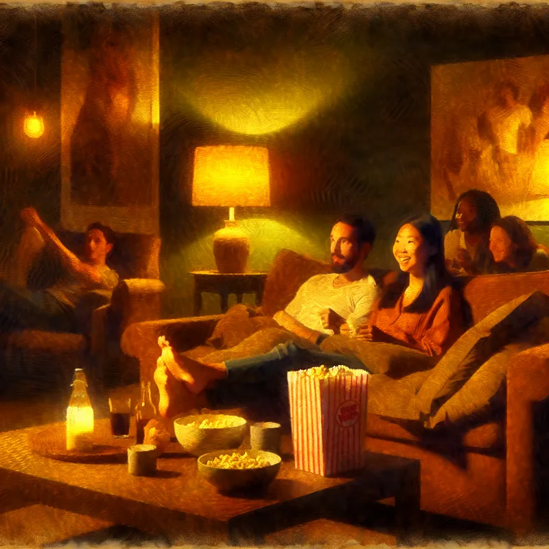 Een gezellige woonkamer met vrienden die samen films kijken, omringd door popcorn en drankjes.
