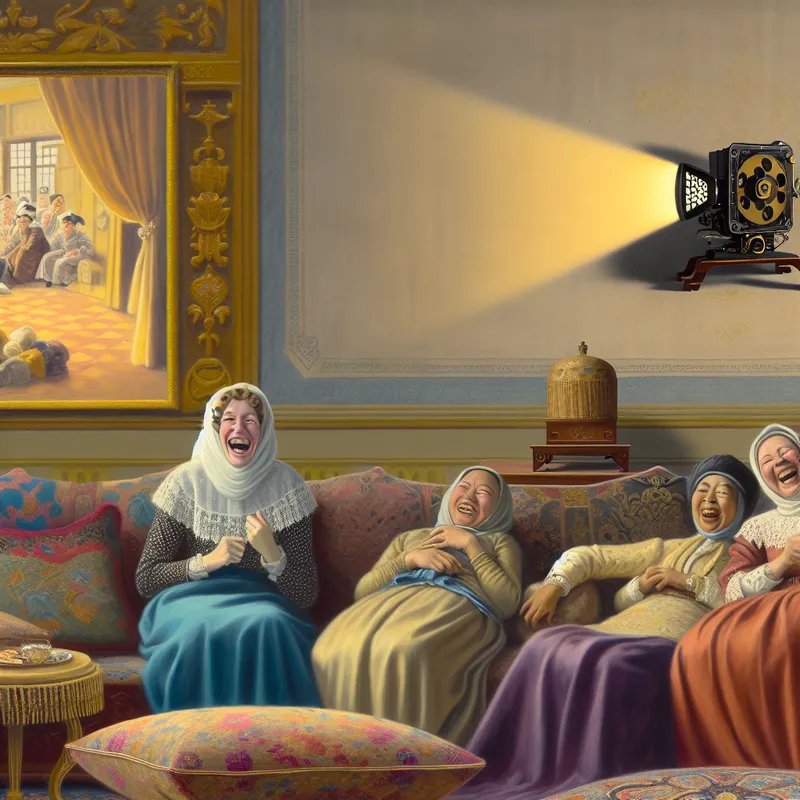Vrouw lacht hartelijk in een elegante woonkamer terwijl vrienden genieten van een komediefilm op een vintage projector