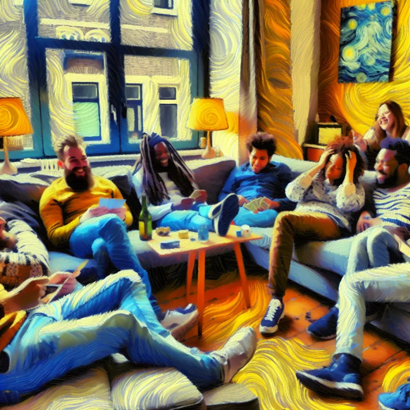 Gezellige woonkamer met vrienden die ontspannen op de bank zitten en kaarten spelen, terwijl ze genieten van een drankje.