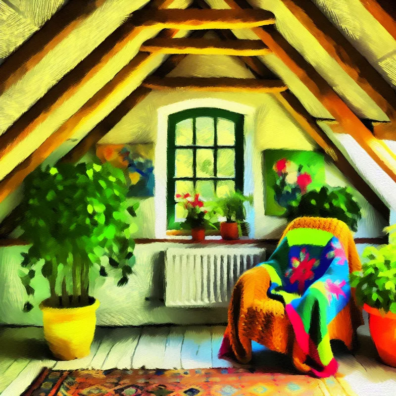Gezellige zolderruimte met een comfortabele fauteuil, kleurrijke dekens en groene planten
