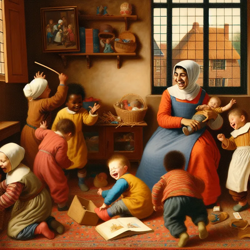 Jonge vrouw zorgt spelenderwijs voor haar drie jongere broers in een levendige woonkamer vol speelgoed.