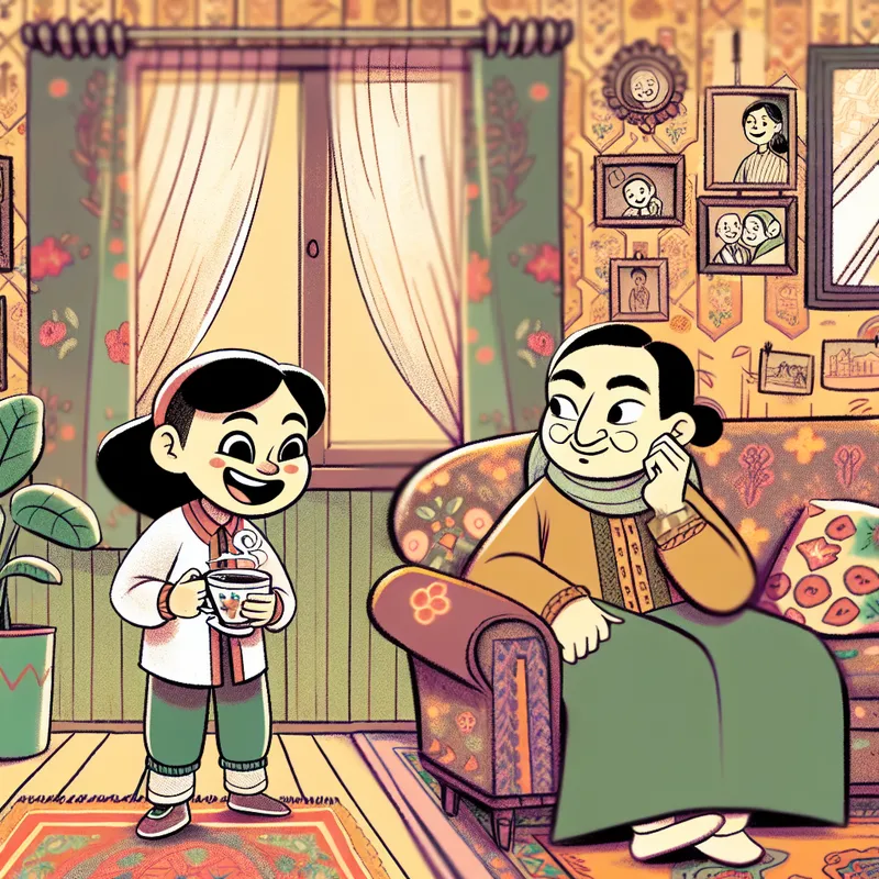 Een cartoonachtige afbeelding van twee zussen in een gezellige woonkamer, met de jongere zus die thee houdt en de oudere zus die glimlacht.