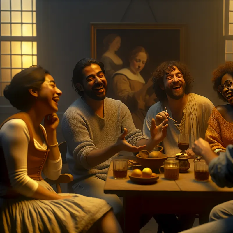 Groep vrienden gezellig in gesprek in sfeervolle verlichting, omringd door een houten tafel met drankjes en snacks