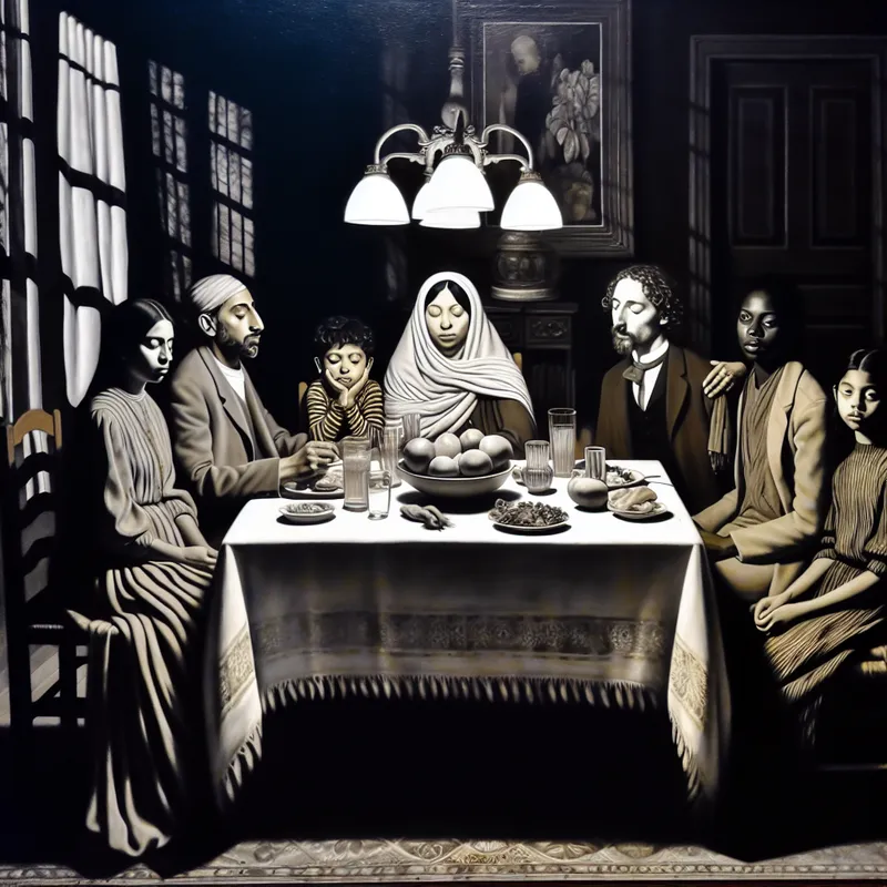 Een gezin zit rond de eettafel en deelt een maaltijd, geïnspireerd door de stijl van Félicien Rops