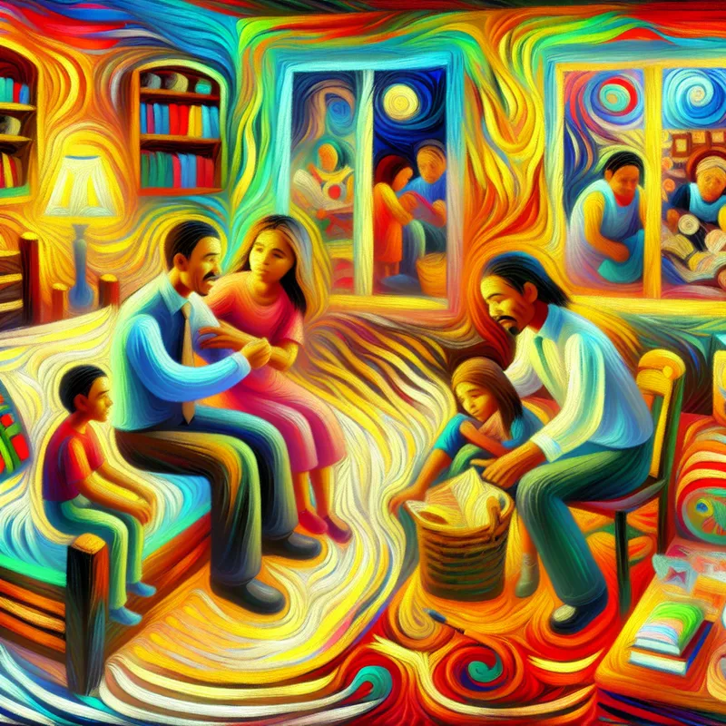 Een levendige afbeelding van een gezin in een goed verlichte woonkamer, waar ouders hun kinderen leren over gedragsnormen.