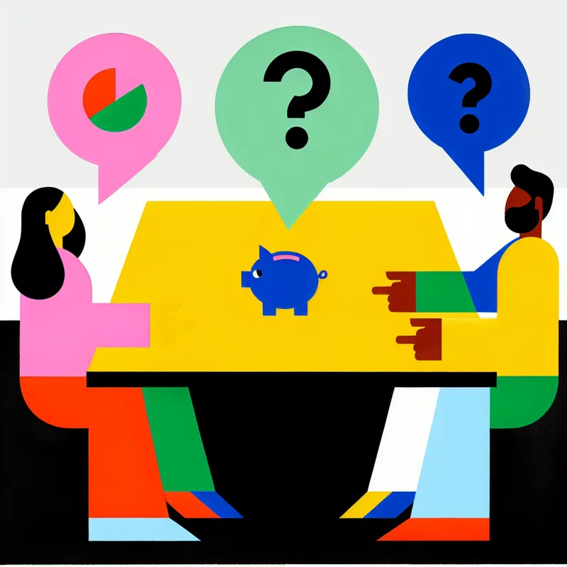 Minimalistische illustratie van een gezin dat opties overweegt: spaarvarken, kinder mening en vraagteken op tafel