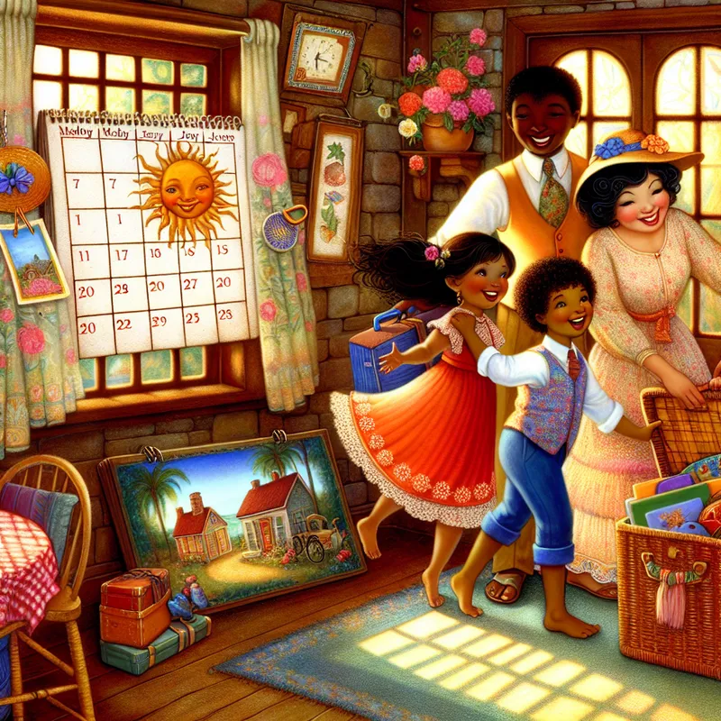 Een gezin dat vreugdevol voorbereidingen treft voor een reis naar Spanje in juni, met kleurrijke bagage en een picknickmand.