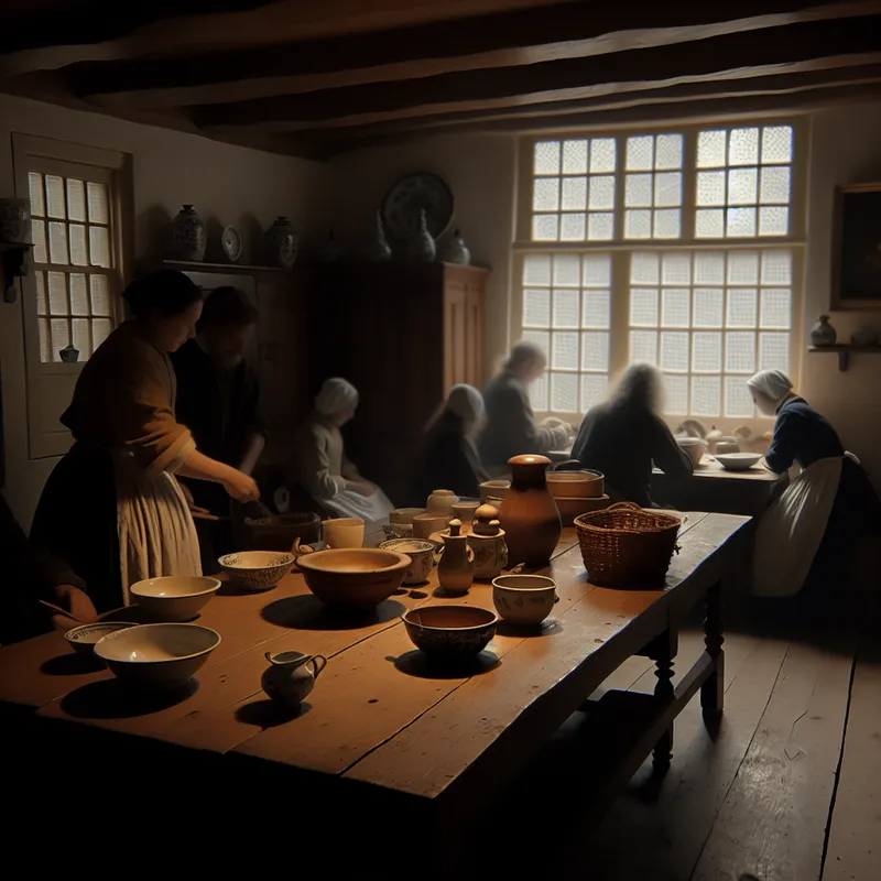 Een gezin rond een houten tafel in een keuken in Vermeer-stijl
