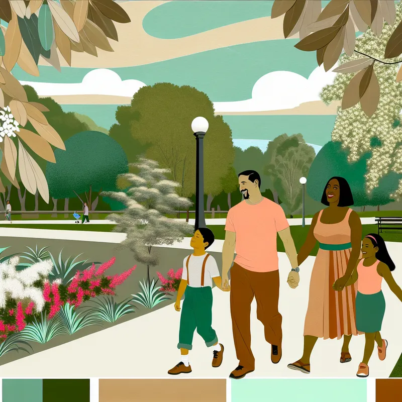 Een gezin dat hand in hand wandelt in een serene parkomgeving op een zaterdagmiddag, omgeven door groene bomen en kleurrijke bloemen.