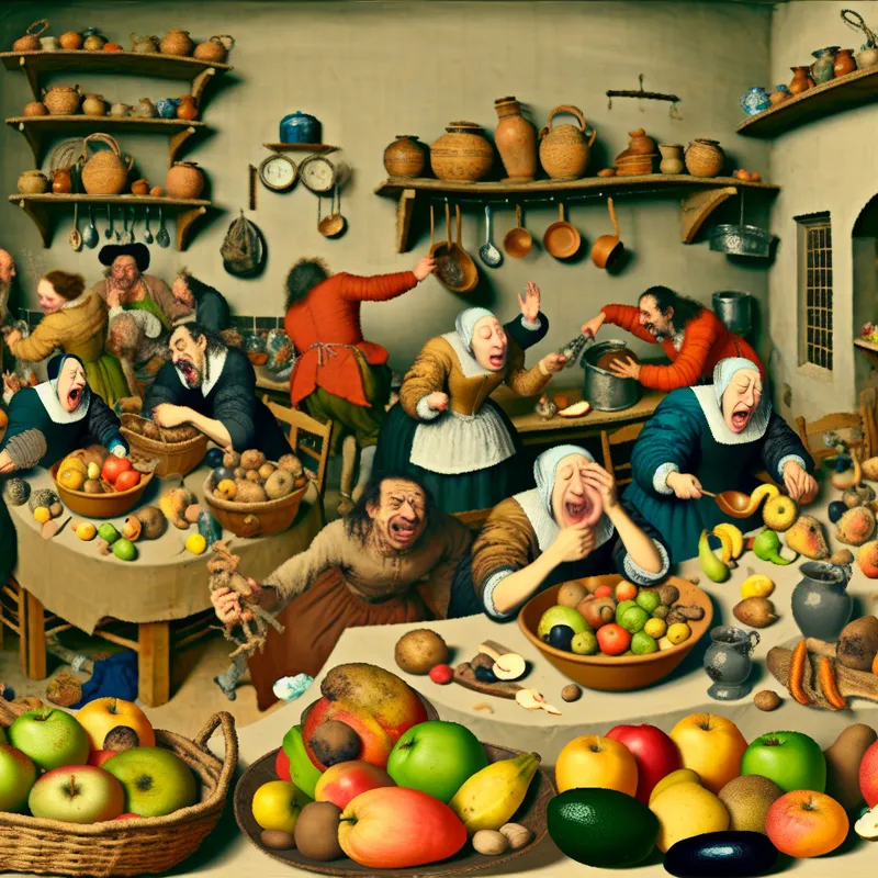 Een grapachtige en levendige scène van een tafel vol met fruit, waarvan sommige rotte plekken vertonen, in een drukke en warme keuken.