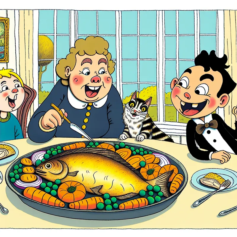 Een cartoonachtige illustratie van een gezin aan een gezellige eettafel met een grote schaal met gebakken vis en kleurrijke groenten.