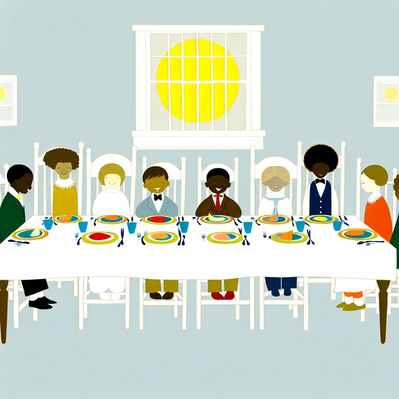 Minimalistische illustratie van een gezinsdiner met vrolijke kinderen die zich keurig gedragen