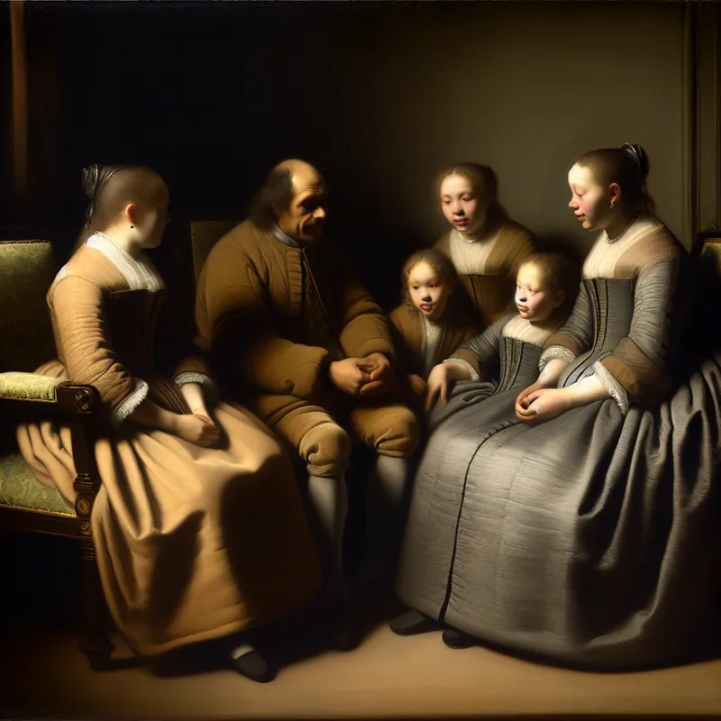 Een gezin zit in een elegante, zacht verlichte kamer in gesprek over een gedeeld verlies.