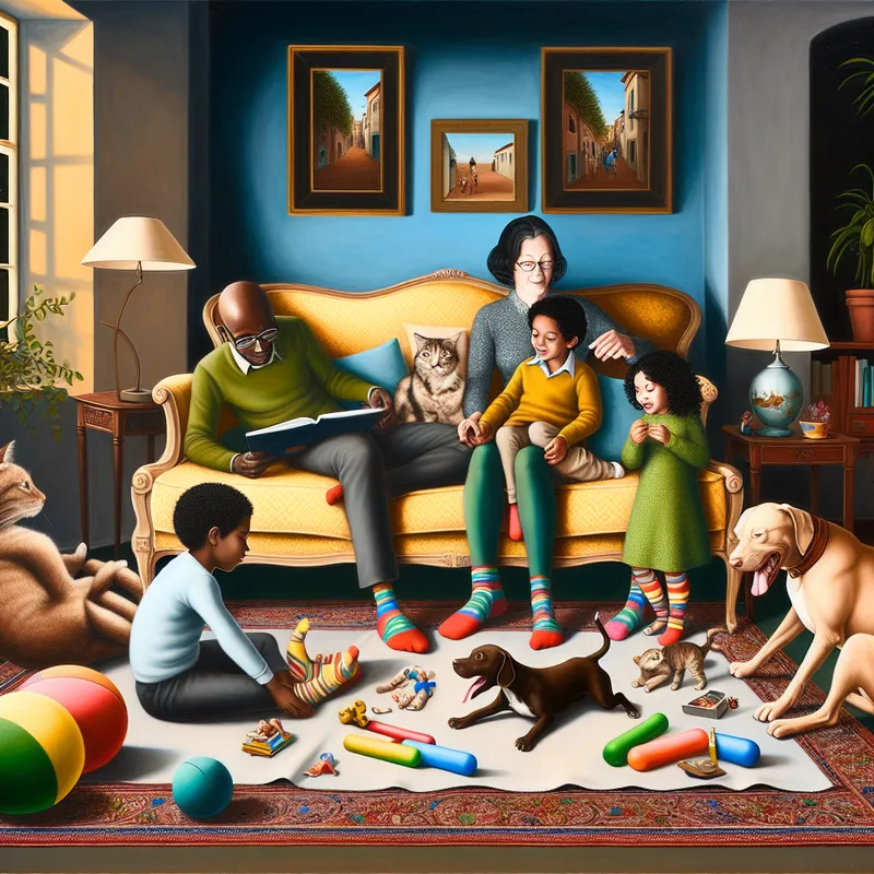 Een gezin in een gezellige woonkamer met een hond en kat, waarbij ouders samen met hun kinderen spelen.