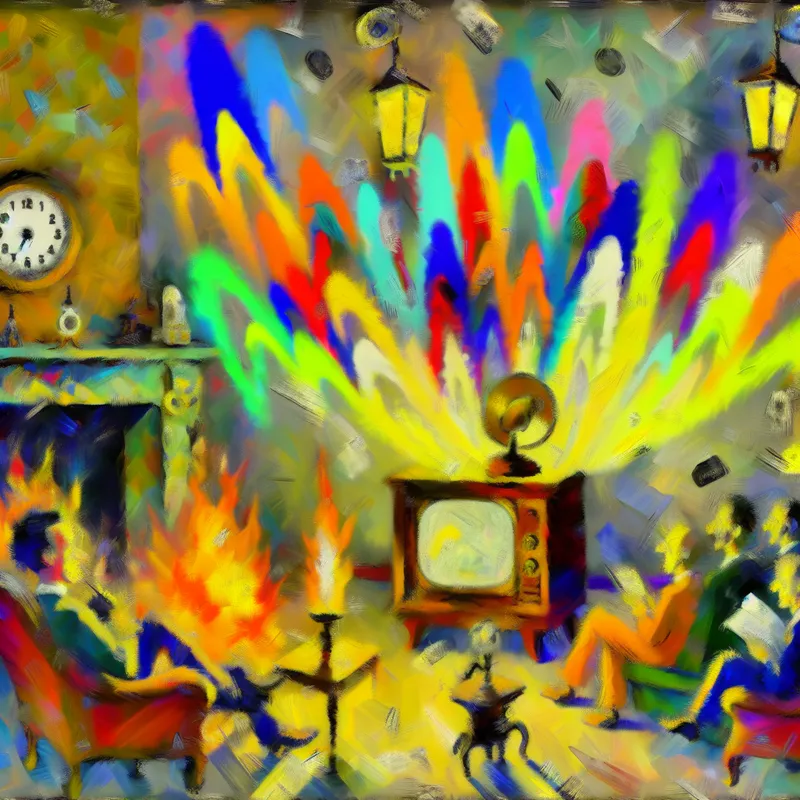 Abstracte uitdrukking van een gezin dat samenkomt rond een vintage televisie in een kleurige woonkamer.